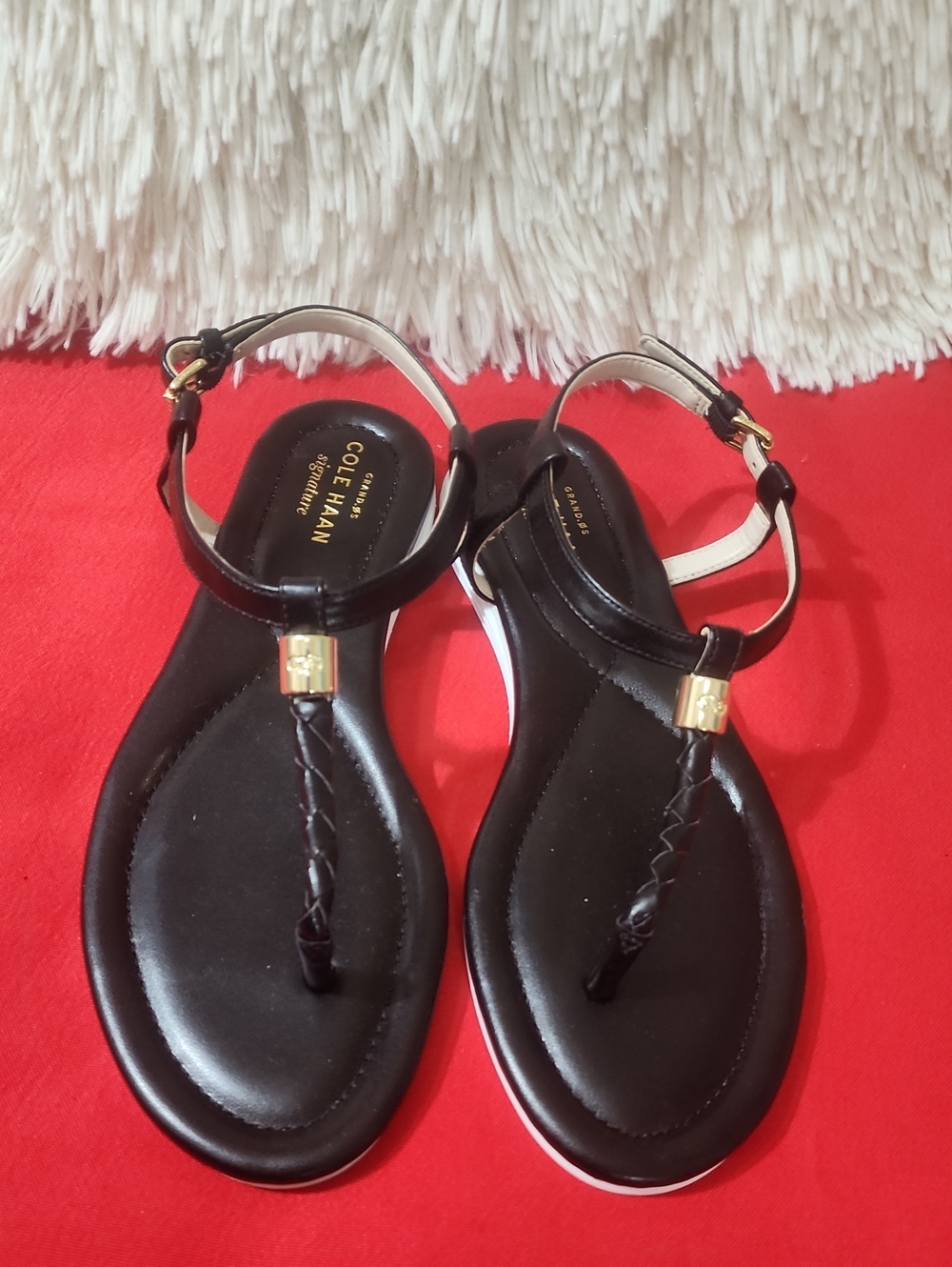 Cole Haan Signature Black Leather T-Strap Sandals with Gold Accents